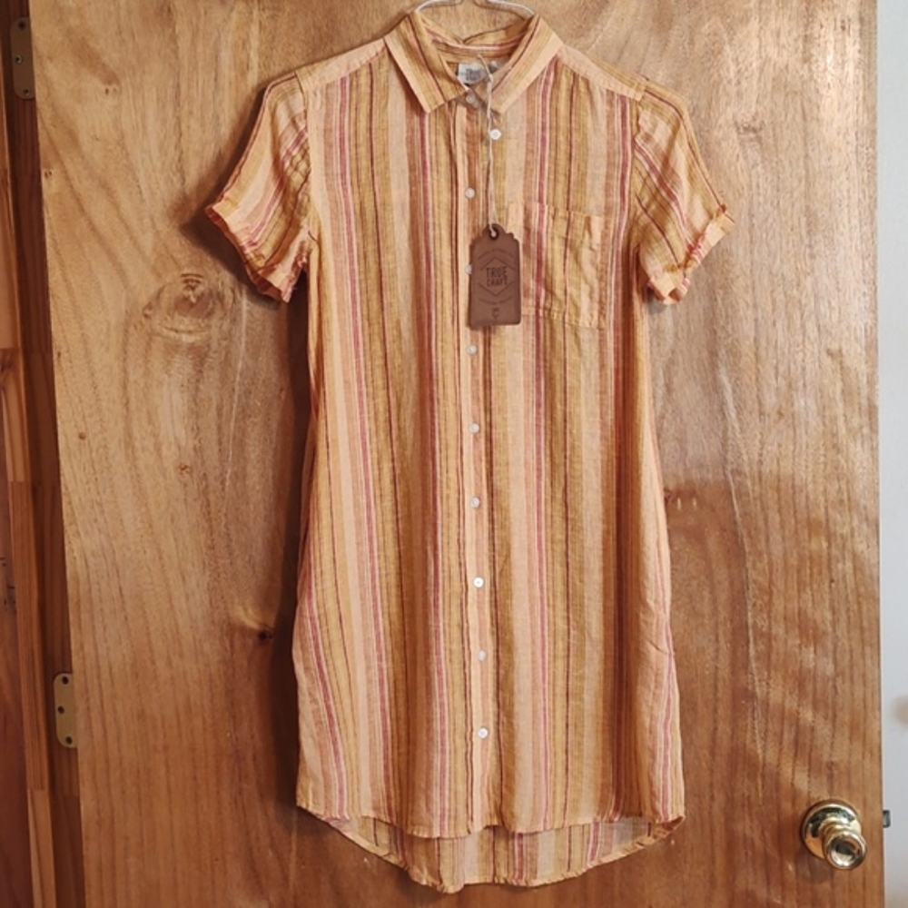 NWT True Craft Womens Retro Shirtdress Happy Daze Gold Stripe Linen Blend Size S